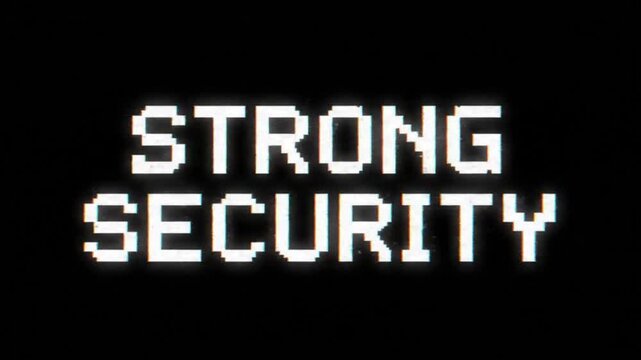 Pixelated STRONG SECURITY text with heavy digital distortion and colour separation effect. Perfect for defense system and high-level protection concepts