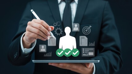 A business professional using a digital tablet to manage and showcase successful outcomes. A hand holds a stylus hovering over the tablet