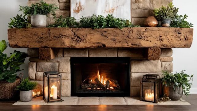 Medium shot showcasing a reclaimed wood mantel replacement on a hearth emphasizing ecofriendly materials and vintage character in home d&eacute;cor.