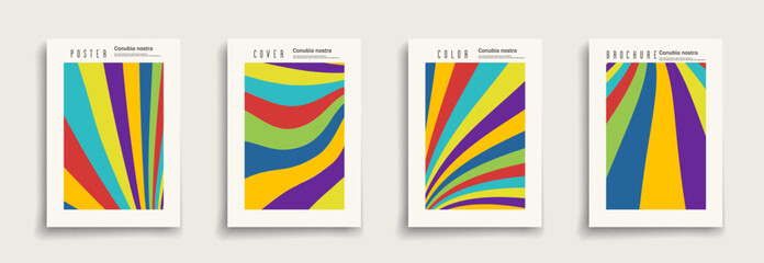 Collection of vector bright colorful rainbow posters. Vibrant striped retro templates, placards, brochures, banners, flyers, backgrounds. Artistic vintage cards in 80s-90s fashion style