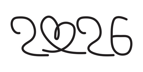 Calligraphic Continuous Heart Line Drawing of 2026 on White Background