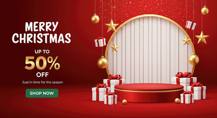 Discount announcement on a red background. Festive Christmas scene with a red podium, gift boxes, gold stars, and a 50% discount sign.