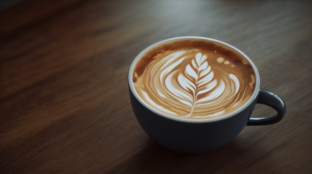 Coffee cup with intricate latte art on a dark wooden surface