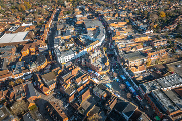 2025 Christmas Market in Wokingham, Berkshire England. Aerial view daytime in Winter