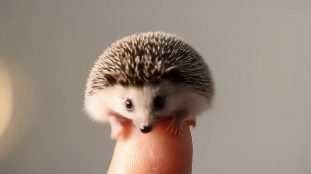 Cute hedgehog balances on finger in cozy indoor setting, showcasing adorable pet behavior