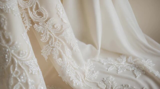 Beautiful white wedding dress with intricate lace and beadwork displayed on fabric in soft light