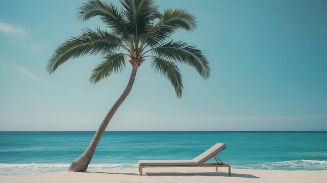 Relaxing beach scene with a palm tree and lounge chair during a sunny day at the shore