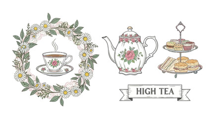 Elegant tea party vector elements with floral wreath, porcelain teapot, and cake stand for cafe branding