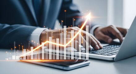 Businessman analyzing financial data on laptop with growing arrow graph