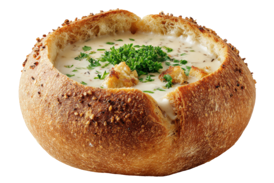 Delicious creamy soup served in a round bread bowl isolated on transparent background. Delicious baked bread bowl filled with creamy soup and fresh green herbs isolated on white background.