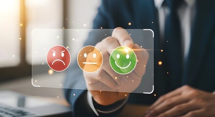 Businessman interacting with customer satisfaction rating interface on a transparent screen