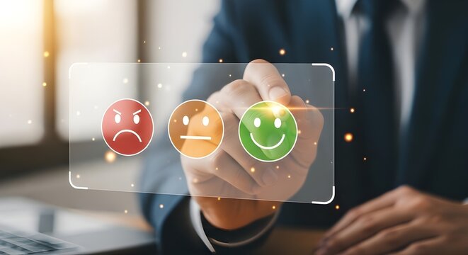 Businessman interacting with customer satisfaction rating interface on a transparent screen
