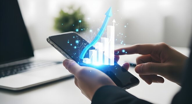 Analyzing financial growth on a mobile phone with holographic chart overlay