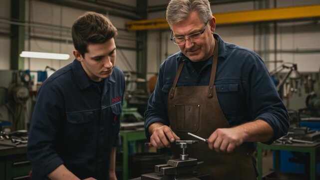 Experienced craftsman mentors a young apprentice in a workshop, demonstrating a precise task at a workbench