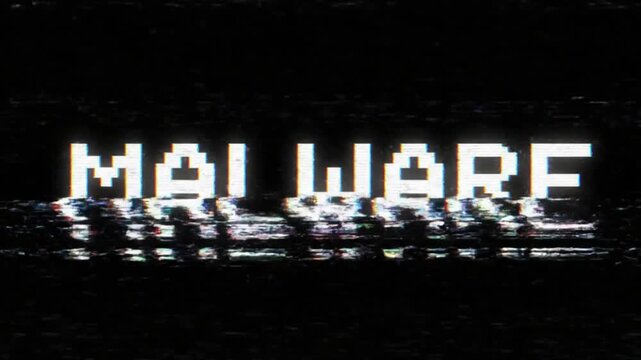 Pixelated MALWARE text with heavy VCR distortion and digital noise effect on a black screen. Perfect for cybersecurity threats and system risk concepts