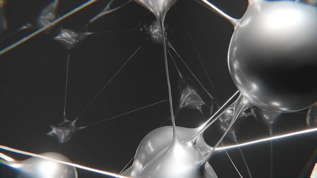 Atmospheric black and white loop with large spheres drifting in space, connected by thin, tension-filled strings. A dramatic, cinematic network animation with deep contrasts and smooth futuristic moti