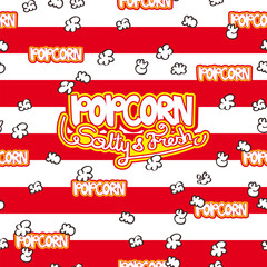 Cheerful popcorn pattern with bold red-and-white stripes, playful kernels, and vibrant typography creating a fun, lively, cinema-style vibe.