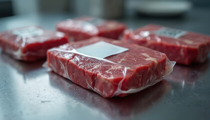 Fototapeta premium Raw beef steaks are vacuum packed with labels. Modern food safety and tracking systems use sealed packaging for meat. Minimal contact ensures quality and freshness during storage and transport.