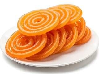 Golden orange spiral jalebis stacked neatly on a white plate with glossy sugar syrup shine, isolated on white background.