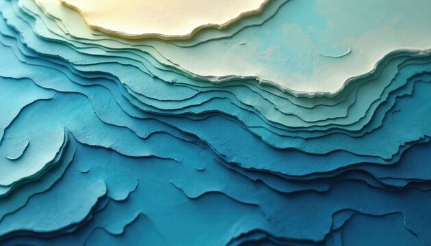Layered abstract illustration shows shades of blue depicting ocean depths contour map style. Sandy beige top layer transitions to deep aqua and navy blue tones, suggesting marine topography.