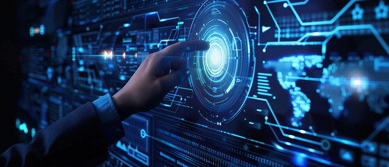 A businessman interacting with a futuristic digital interface, touching glowing holographic controls and advanced HUD elements in a high-tech virtual environment.