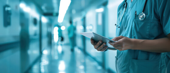 Doctor in medical scrubs using a digital tablet while standing in a bright hospital corridor. Modern healthcare technology, clinical workflow and professional medical environment.