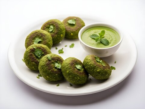 Round green hara bara kebabs arranged on a white plate with mint chutney, isolated on white background.