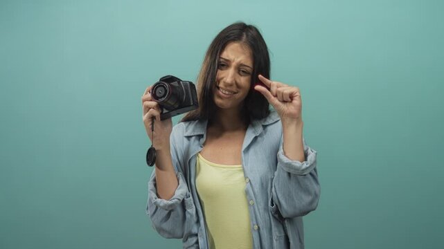 Young hispanic woman holding dslr camera and lens cap pinches fingers to show tiny gap in studio with teal backdrop; frustration tiny size issue.