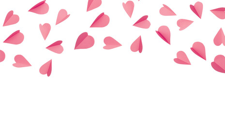 Pink Paper Hearts background on White Background. Romantic Flat Lay for Valentines Day or Wedding Decor