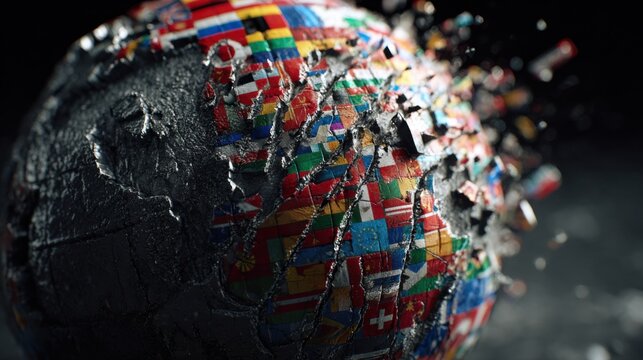 Cracked planet covered with world national flags breaking apart in dark atmosphere representing geopolitical tension global crisis and international fragmentation concept
