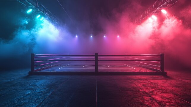 Empty Boxing Ring with Ropes and Dramatic Lighting, Blue and Red Smoke, Arena, Competition, Sport, Fight, Professional, Championship, Dark Background, Spotlight - Powered by Adobe