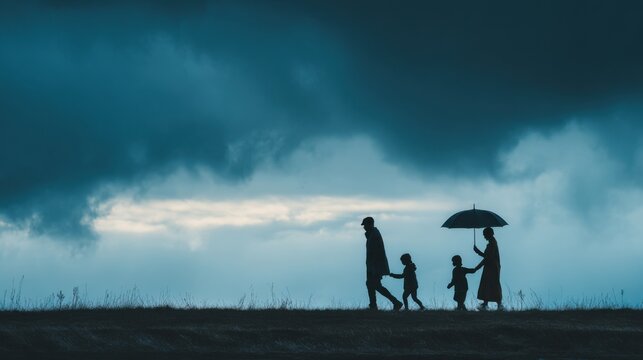 Silhouette of family walking under dark storm clouds with umbrella at twilight symbolizing unity protection hope and human resilience facing nature challenges