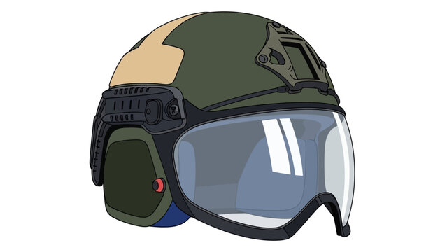 Modern military combat helmet with integrated visor and camouflage pattern for enhanced protection