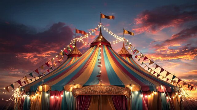 Vibrant circus tent adorned with lights and flags, captured at dusk, showcasing festive atmosphere, camera pans upward to reveal details