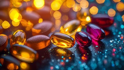 Pharmaceutical Capsules and Tablets Close-Up: Colorful Medication with Bokeh Lights, Health and Wellness Concept, Dietary Supplements, Vitamins and Minerals, Shiny and Reflective Surface