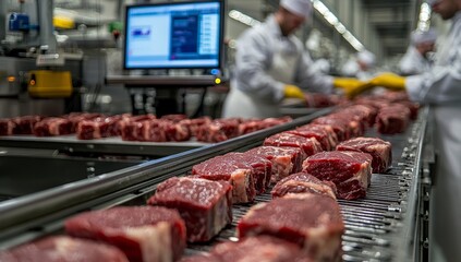 Fresh Raw Beef Steaks on Conveyor Belt in Meat Processing Factory with Workers in Background, Food Industry Production and Quality Control