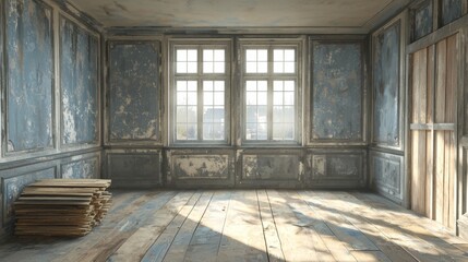 Abandoned Room Interior with Blue Walls, Two Windows, Wooden Floor, and Stacked Planks, Ideal for Renovation or Historical Concepts