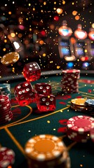 Casino Night: Red Dice Tumbling on Green Felt Table with Poker Chips and Slot Machine Lights, Gambling and Entertainment Concept