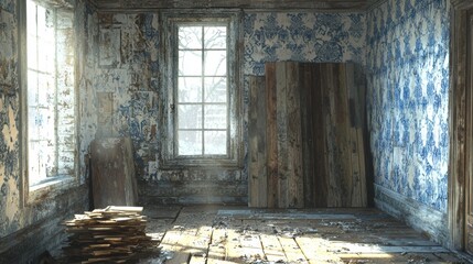 Abandoned Room Interior with Sunlight Streaming Through Window, Distressed Wallpaper, Wooden Planks, and Debris on Floor, Evoking Decay and Neglect