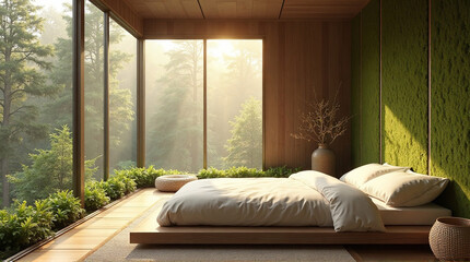 Fototapeta premium Japandi Biophilic Bedroom with Forest Wall