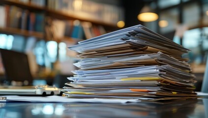 Overwhelmed with Paperwork: Close-up of a Large Stack of Documents and Files on a Desk in a Modern Office Setting