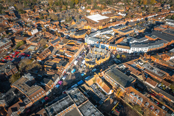 2025 Christmas Market in Wokingham, Berkshire England. Aerial view daytime in Winter
