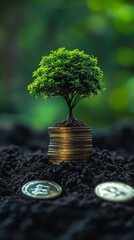 Tree Growing on Stack of Coins in Soil, Investment Growth and Financial Success Concept, Sustainable Business, Green Background, Symbol of Prosperity