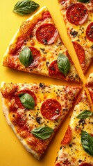 Delicious Pepperoni Pizza Slices with Fresh Basil on a Vibrant Yellow Background, Close-Up Food Photography for Restaurant Menus and Culinary Concepts
