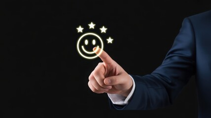 A person touching a smiling face with stars, symbolizing great satisfaction