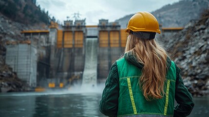 Female Engineer Inspecting Hydroelectric Dam, Renewable Energy Source, Sustainable Power Generation, Water Reservoir, Environmental Conservation, Infrastructure Project, Industrial Landscape