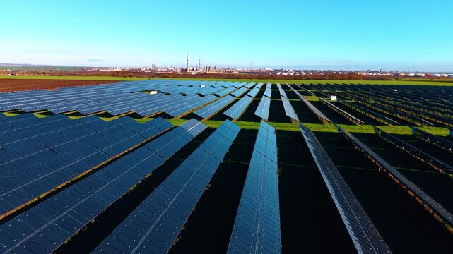 Quick flight over the long rows of modern solar panels. Green fields with photovoltaic cells in the countryside. Refinery plant at backdrop.
