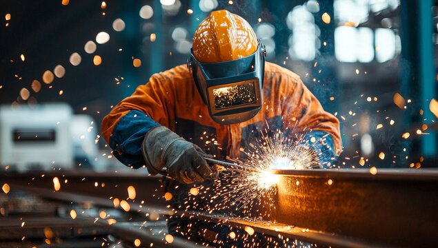 Professional Welder in Protective Gear Welding Metal with Bright Sparks in Industrial Setting, Manufacturing and Skilled Labor Concept - Powered by Adobe