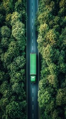 Aerial View of Green Semi-Truck Driving on Asphalt Road Through Lush Forest, Transportation and Logistics Concept, Environmental Sustainability