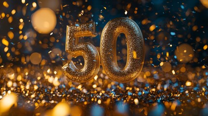 Golden Number Fifty Celebration with Confetti: Festive Anniversary, Birthday, or Special Event Background with Bokeh Lights